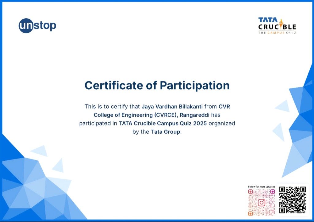 TATA Crucible Campus Quiz Certificate of Participation — Tata Group